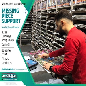 K&ouml;nnte beinhalten: Eine Person arbeitet an einem farbenfrohen Puzzle mit einer Landschaftsszene. Das Bild enth&auml;lt den Text "Missing Piece Support" und "Puzzle of the World". Im Hintergrund sind Regale mit Puzzles zu sehen.