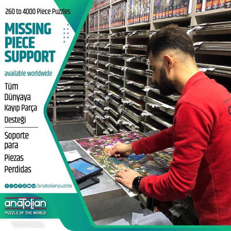 K&ouml;nnte beinhalten: Eine Person arbeitet an einem farbenfrohen Puzzle mit einer Landschaftsszene. Das Bild enth&auml;lt den Text "Missing Piece Support" und "Puzzle of the World". Im Hintergrund sind Regale mit Puzzles zu sehen.