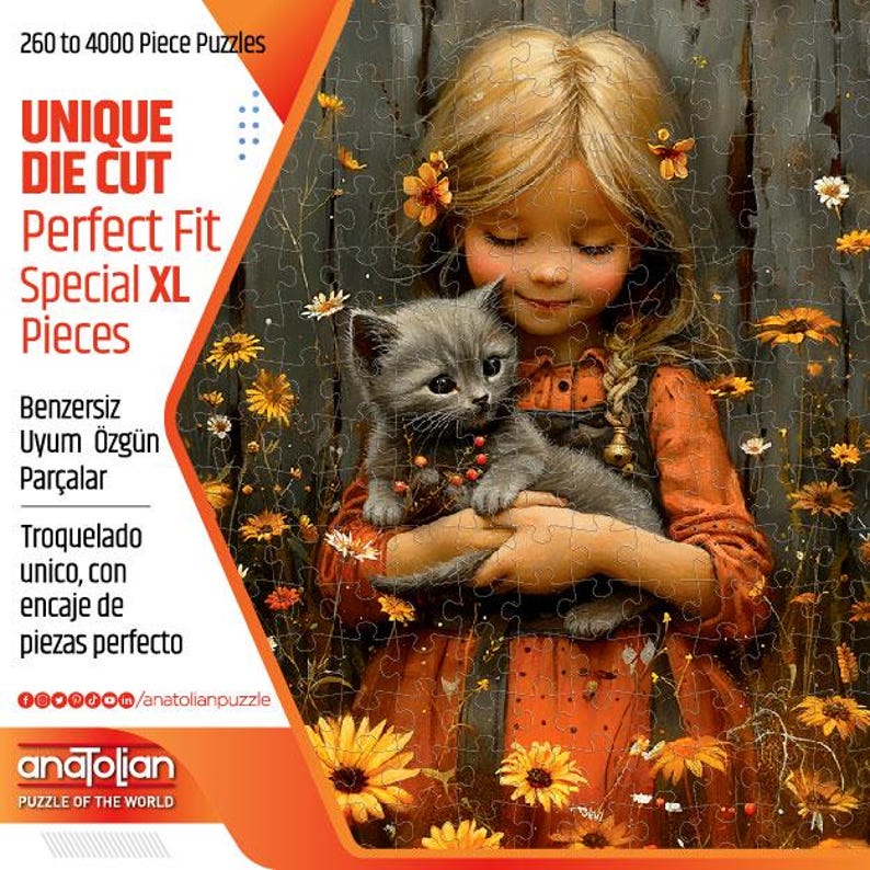 K&ouml;nnte beinhalten: Ein Puzzlespiel mit einem jungen M&auml;dchen, das eine graue Katze h&auml;lt, umgeben von Blumen. Die Puzzleteile sind sichtbar, mit Text, der "UNIQUE DIE CUT" und "Perfect Fit Special XL Pieces" anzeigt. Das Puzzle hat 260 bis 4000 Teile.