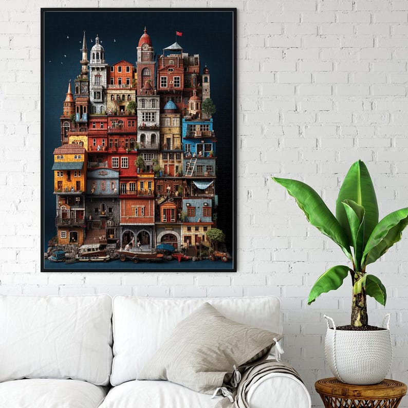 K&ouml;nnte beinhalten: Ein gerahmter Kunstdruck mit einer skurrilen Darstellung einer farbenfrohen, gestapelten Stadtlandschaft. Das Kunstwerk zeigt eine Vielzahl von Geb&auml;uden in Orange-, Rot-, Blau- und Gelbt&ouml;nen mit architektonischen Details wie Balkonen und T&uuml;rmen. Der Druck ist vor einem dunkelblauen Hintergrund angeordnet.