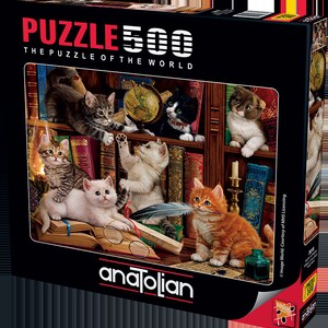 May include: A 500-piece jigsaw puzzle featuring a whimsical scene of kittens in a library. The kittens are playing with books, a quill pen, and a globe. The puzzle box features the text "The Puzzle of the World" and the brand name "anatolian".