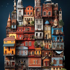 K&ouml;nnte beinhalten: Ein farbenfrohes, geschichtetes Architekturmodell einer Stadt, das Geb&auml;ude verschiedener H&ouml;hen und Stile zeigt. Die Geb&auml;ude sind in leuchtenden Farben wie Rot, Orange, Gelb, Blau und Gr&uuml;n bemalt und weisen komplizierte Details wie Balkone und D&auml;cher auf. Eine t&uuml;rkische Flagge weht.