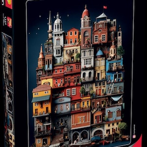 K&ouml;nnte beinhalten: Eine 1000-teilige Puzzle-Box mit einer farbenfrohen Illustration einer phantasievollen Stadt. Auf der Box steht "PUZZLE 1000" und "THE PUZZLE OF THE WORLD". Die Box ist schwarz und tr&auml;gt den Markennamen "anatolian".