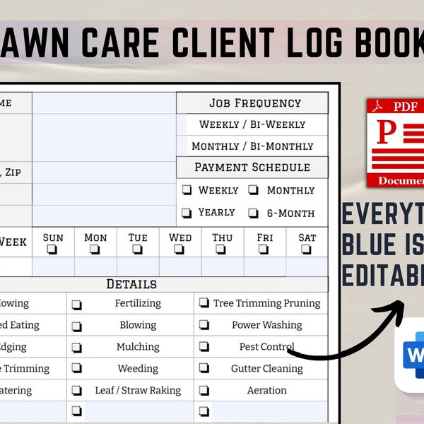 Lawn Care Client Log Book, Landscaping Work Order Printable And Fillable PDF, Lawn Mowing And Landscape Appointment Log, Digital Download