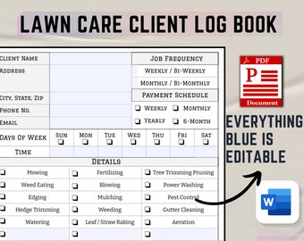 Lawn Care Client Log Book, Landscaping Work Order (Printable & Editable PDF)