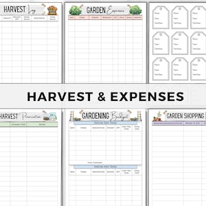 May include: Printable garden planner with six pages. The pages include a harvest log, garden expenses, harvest preservation, gardening budget, garden shopping list, and plant tags. The pages are decorated with watercolour illustrations of plants, jars, and gardening tools.