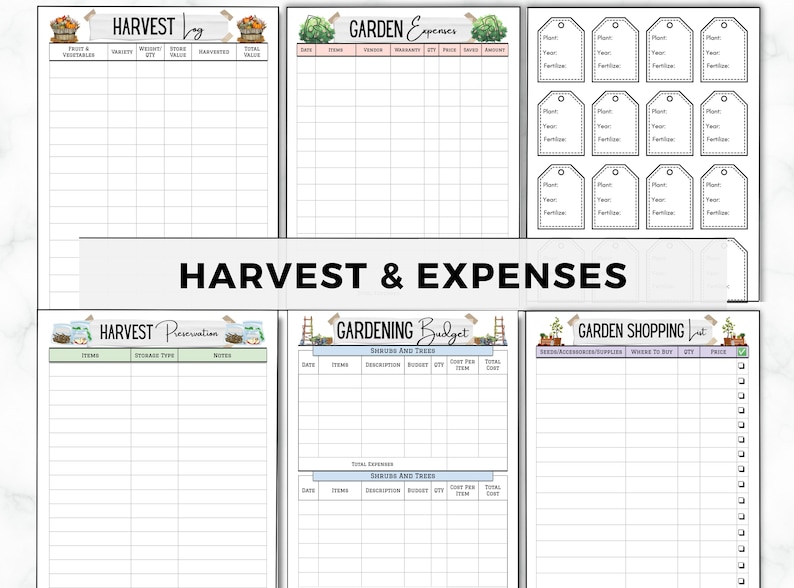 May include: Printable garden planner with six pages. The pages include a harvest log, garden expenses, harvest preservation, gardening budget, garden shopping list, and plant tags. The pages are decorated with watercolour illustrations of plants, jars, and gardening tools.