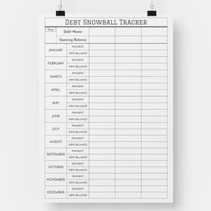 以下が含まれることがあります： 「DEBT SNOWBALL TRACKER」というタイトルの白黒の印刷可能な借金雪だるまトラッカーワークシート。ワークシートには、「年」、「借金名」、「開始残高」、「支払い」、「新しい残高」の列が含まれています。年の月はワークシートの左側の下にリストされています。
