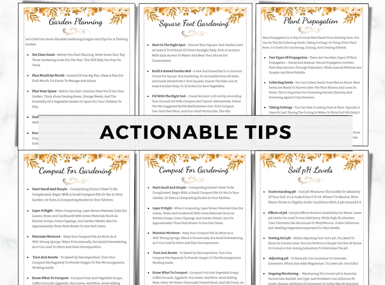 May include: A set of six printable gardening tips with a watercolour background. The tips are organised into six categories: Garden Planning, Square Foot Gardening, Plant Propagation, Compost for Gardening, Compost for Gardening, and Soil pH Levels.