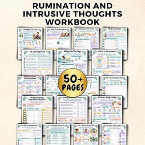 May include: A collection of workbook pages titled Ruminations and Intrusive Thoughts Workbook, featuring various charts, trackers, and exercises with floral borders. A central gold circle displays the text 50+ PAGES in bold black font.