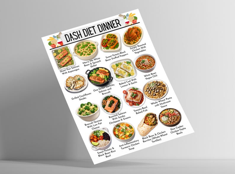 Puede incluir: Un p&oacute;ster ilustrado y colorido titulado "DASH DIET DINNER" muestra varias opciones de comidas saludables. Los platos incluyen salm&oacute;n con esp&aacute;rragos, pimientos rellenos, pollo con verduras y m&aacute;s. El p&oacute;ster est&aacute; inclinado sobre un fondo blanco.