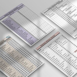 May include: Three printable medical history forms with checkboxes for family and personal medical history. The forms are in black and white with a light pink and light purple accent.