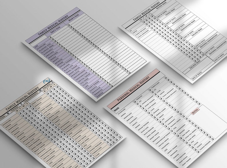May include: Three printable medical history forms with checkboxes for family and personal medical history. The forms are in black and white with a light pink and light purple accent.