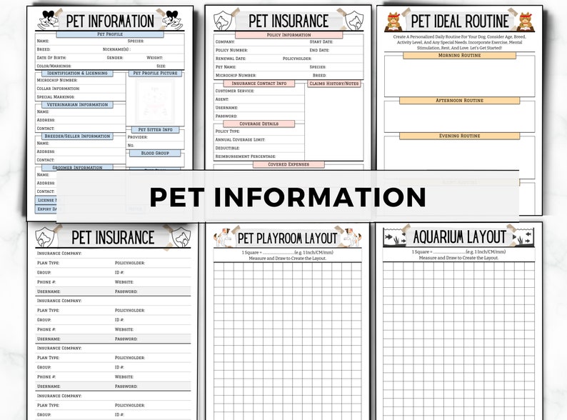 May include: Printable pet information and layout planner pages. The pages include sections for pet profile, insurance, ideal routine, playroom layout, and aquarium layout.