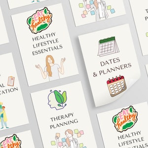 Może przedstawiać: Dziewięć kolorowych kwadratowych kart z ilustracjami i tekstem. Karty przedstawiają takie tematy, jak zdrowe nawyki żywieniowe, daty i planery, planowanie terapii oraz dokumentacja medyczna. Każda karta ma inną ilustrację i tekst.