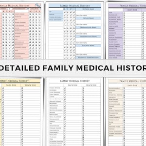 May include: A printable family medical history chart with sections for mother, father, grandparents, siblings, and detailed medical conditions. The chart is divided into sections for Dad's side and Mom's side.