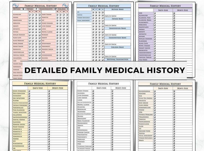 May include: A printable family medical history chart with sections for mother, father, grandparents, siblings, and detailed medical conditions. The chart is divided into sections for Dad's side and Mom's side.