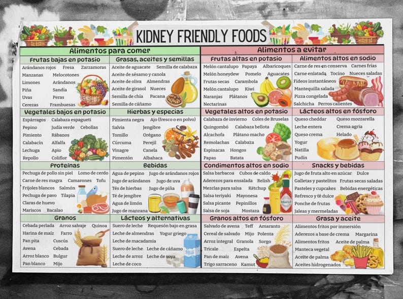 Puede incluir: Un gr&aacute;fico colorido con una lista de alimentos buenos para los ri&ntilde;ones para comer y evitar. El gr&aacute;fico est&aacute; dividido en secciones para frutas, verduras, prote&iacute;nas, granos, etc. El gr&aacute;fico est&aacute; en espa&ntilde;ol e incluye las palabras "Alimentos para comer" (Alimentos para comer) y "Alimentos a evitar" (Alimentos a evitar).