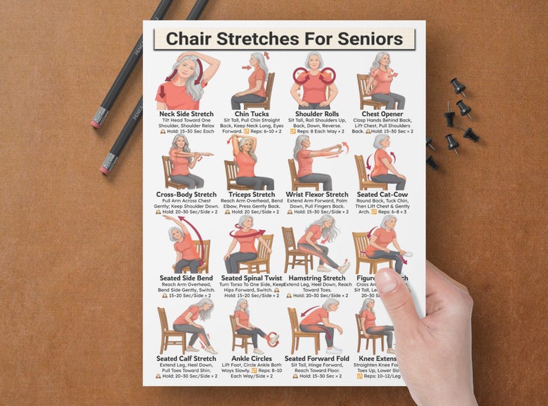 May include: A white instructional poster titled Chair Stretches For Seniors featuring sixteen illustrations of a person in a red shirt and grey trousers performing various seated stretches on a wooden chair with descriptive text and red directional arrows.