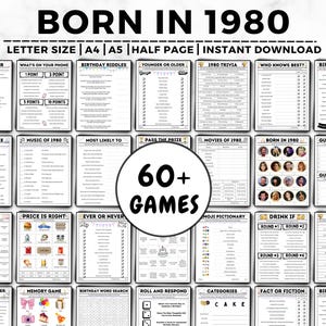 May include: A printable set of 60+ games for a 1980s themed birthday party. The games are printed on white paper with black text and include titles like "Have You Ever", "What's on Your Phone", "Birthday Riddles", "Younger or Older", "1980 Trivia", "Who Knows Best", "Birthday Wishes", "Name the Cake", "Music of 1980", "Most Likely To", "Pass the Prize", "Movies of 1980", "Born in 1980", "Guess Their Ages", "Charades", "Price is Right", "Ever or Never", "Emoji Pictionary", "Drink If", "80's Feud", "Selfie Scavenger Hunt", "Memory Game", "Birthday Word Search", "Roll and Respond", "Categories", "Fact or Fiction", and "Birthday Wishes".