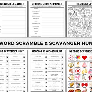 May include: A printable wedding word scramble and scavenger hunt game. The game includes a word scramble, I Spy, and a scavenger hunt. The scavenger hunt has a list of items to find at a wedding, such as a bouquet, rings, and a wedding cake.