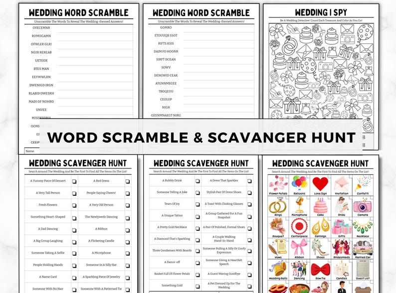 May include: A printable wedding word scramble and scavenger hunt game. The game includes a word scramble, I Spy, and a scavenger hunt. The scavenger hunt has a list of items to find at a wedding, such as a bouquet, rings, and a wedding cake.