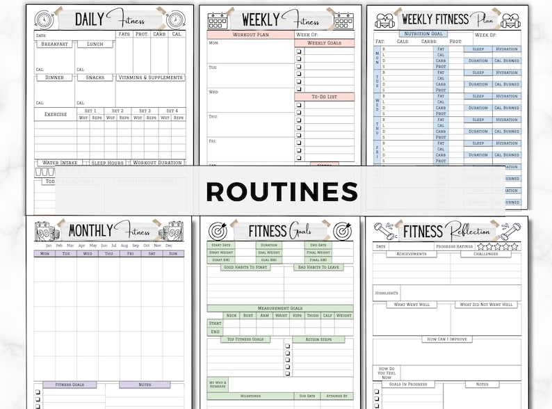 May include: A printable fitness planner with pages for daily, weekly, and monthly tracking. The planner includes sections for workouts, nutrition, sleep, hydration, and fitness goals. The pages are decorated with cute illustrations and have a light pink and blue color scheme.
