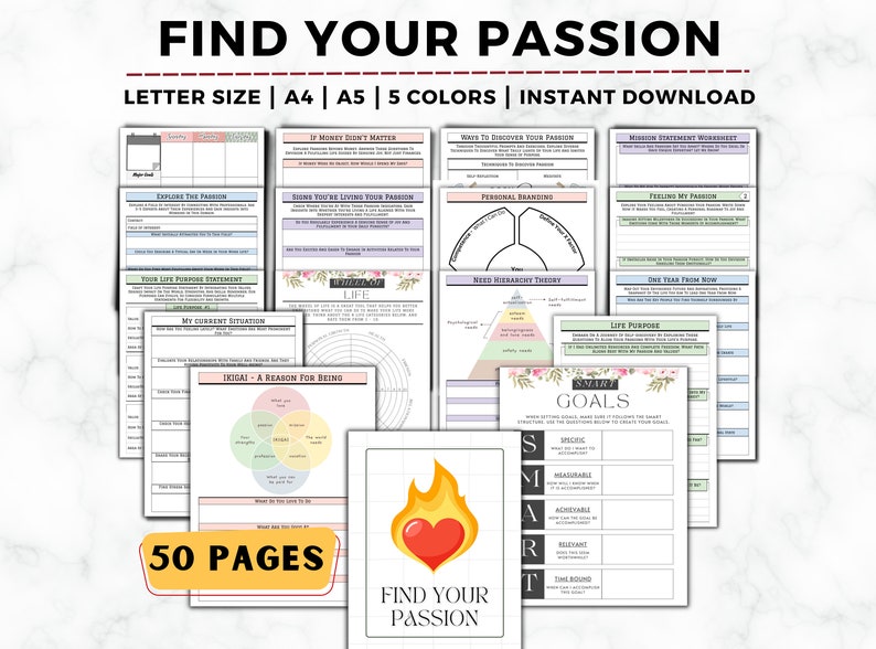 Find Your Passion Planner, Life Purpose Workbook, How To Find Your Passion and Purpose, Life Coaching, Self-Care Worksheet, Passion Journal image 1