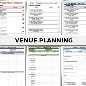 May include: A detailed event venue planning checklist with sections for food and beverage, access and convenience, and audio and visuals. Includes to-do lists, notes, and venue comparison charts.