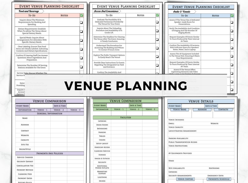 May include: A detailed event venue planning checklist with sections for food and beverage, access and convenience, and audio and visuals. Includes to-do lists, notes, and venue comparison charts.
