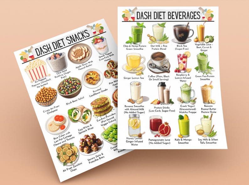 Puede incluir: Dos carteles ilustrados que muestran aperitivos y bebidas de la dieta DASH. El cartel "DASH DIET SNACKS" muestra varias opciones de alimentos saludables como palomitas de ma&iacute;z infladas con aire, pud&iacute;n de ch&iacute;a y ensalada de frijoles negros. El cartel "DASH DIET BEVERAGES" presenta bebidas como batidos verdes y t&eacute; negro.