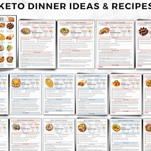 May include: A collection of printable recipe cards and a menu board with the text "KETO DINNER IDEAS & RECIPES" and "KETO DINNER". The cards feature various keto-friendly dinner recipes with nutritional information. The recipes include images of the dishes.