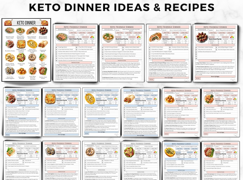 May include: A collection of printable recipe cards and a menu board with the text "KETO DINNER IDEAS & RECIPES" and "KETO DINNER". The cards feature various keto-friendly dinner recipes with nutritional information. The recipes include images of the dishes.
