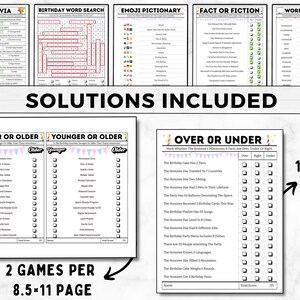 May include: A printable set of birthday party games for adults. The games include 1995 Trivia, Birthday Word Search, Emoji Pictionary, Fact or Fiction, Word Scramble, Younger or Older, and Over or Under. The games are designed to be printed on 8.5 x 11 inch paper.