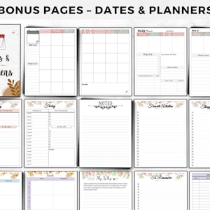 May include: A set of printable planner pages with floral borders. The pages include sections for dates, notes, to-do lists, and more.