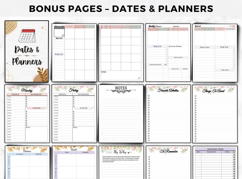 May include: A set of printable planner pages with floral borders. The pages include sections for dates, notes, to-do lists, and more.