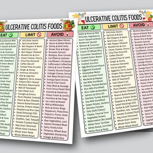 May include: Two informational charts listing foods to eat, limit, and avoid for ulcerative colitis. The charts are titled "Ulcerative Colitis Foods" and feature lists of food items categorized by dietary recommendations.