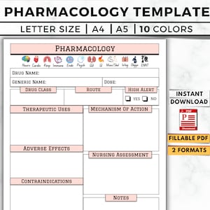 Pharmacology Template Printable, Editable Nursing School Pharmacology Notes Template, Medication Study, Nursing Student, Pharmacologist