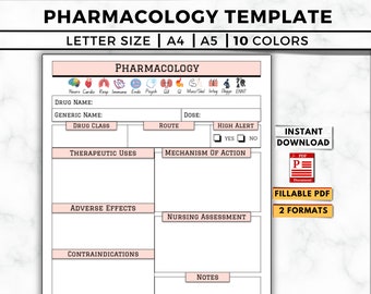 Pharmacology Notes Template, Editable Nursing School Medication Study (Fillable PDF)