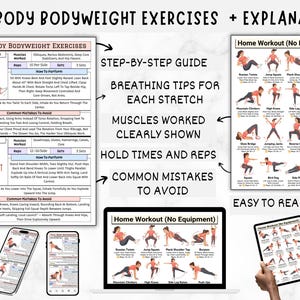 May include: A fitness guide with full body bodyweight exercises, step-by-step instructions, and breathing tips. The guide includes illustrations of exercises, muscles worked, hold times, reps, and common mistakes to avoid. The layout is easy to read.