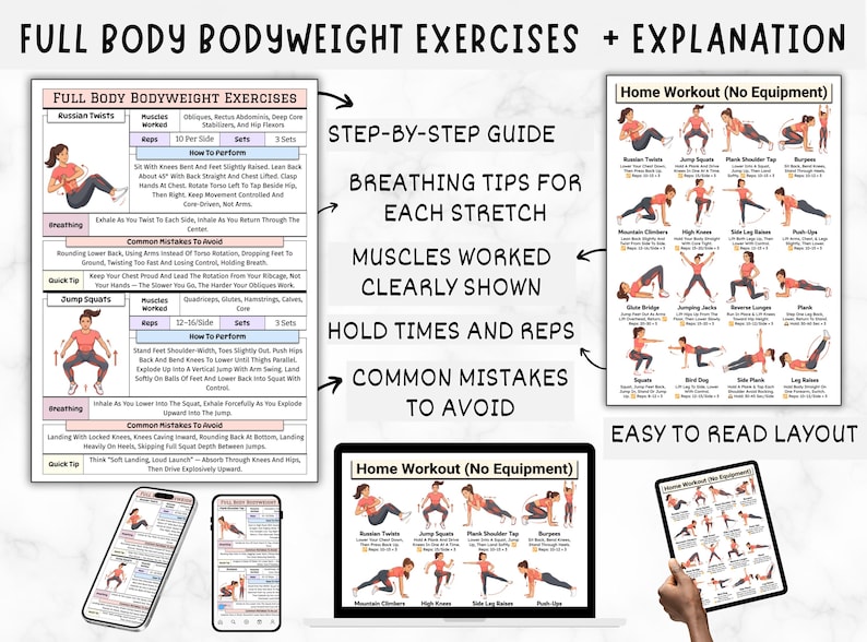 May include: A fitness guide with full body bodyweight exercises, step-by-step instructions, and breathing tips. The guide includes illustrations of exercises, muscles worked, hold times, reps, and common mistakes to avoid. The layout is easy to read.
