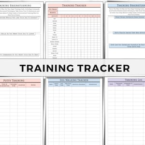 May include: A printable dog training tracker with sections for brainstorming, potty training, dog walking, and a training log. The tracker is designed to help dog owners plan and track their dog's training progress.
