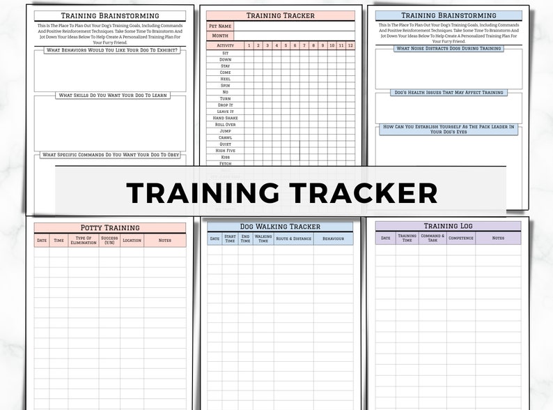 May include: A printable dog training tracker with sections for brainstorming, potty training, dog walking, and a training log. The tracker is designed to help dog owners plan and track their dog's training progress.