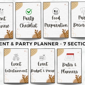 Pu&ograve; includere: Un pianificatore di eventi e feste stampabile con sette sezioni: Panoramica dell'evento, Lista di controllo della festa, Preparazione del cibo, Decorazione della festa, Intrattenimento dell'evento, Budget e luogo dell'evento e Date e pianificatori. Ogni sezione ha un titolo, un'icona e uno sfondo marrone e bianco.
