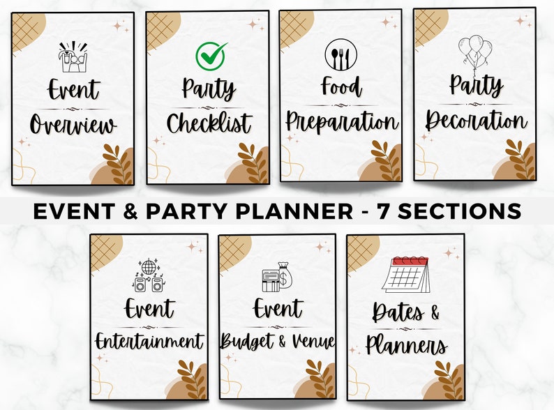 Pu&ograve; includere: Un pianificatore di eventi e feste stampabile con sette sezioni: Panoramica dell'evento, Lista di controllo della festa, Preparazione del cibo, Decorazione della festa, Intrattenimento dell'evento, Budget e luogo dell'evento e Date e pianificatori. Ogni sezione ha un titolo, un'icona e uno sfondo marrone e bianco.