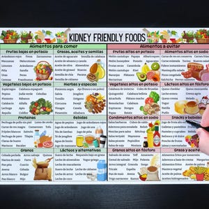 Puede incluir: Un gr&aacute;fico colorido con el t&iacute;tulo "Kidney Friendly Foods" en espa&ntilde;ol. El gr&aacute;fico enumera los alimentos para comer y evitar para la salud renal, categorizados por frutas, verduras, prote&iacute;nas, granos y m&aacute;s. El gr&aacute;fico incluye im&aacute;genes de varios alimentos.