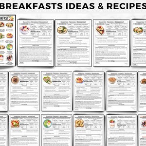 May include: A printable chart with 12 different diabetic-friendly breakfast ideas. Each breakfast idea includes a photo of the meal, a nutritional facts table, and a list of ingredients and instructions. The chart is titled "DIABETIC FRIENDLY BREAKFAST".