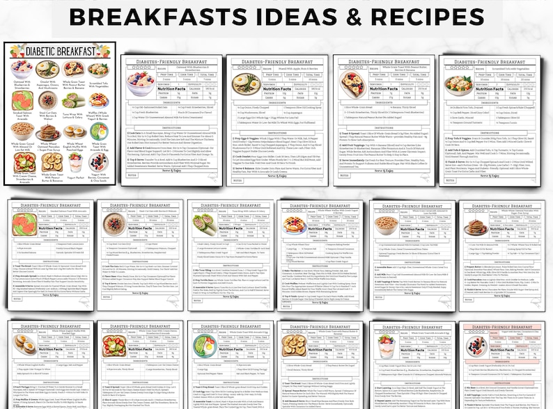 May include: A printable chart with 12 different diabetic-friendly breakfast ideas. Each breakfast idea includes a photo of the meal, a nutritional facts table, and a list of ingredients and instructions. The chart is titled "DIABETIC FRIENDLY BREAKFAST".