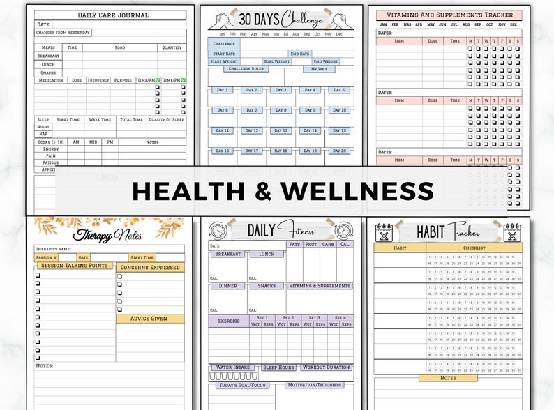 May include: A set of printable health and wellness trackers. The trackers include a daily care journal, a 30-day challenge, a vitamin and supplement tracker, therapy notes, a daily fitness tracker, and a habit tracker.