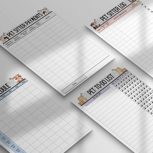May include: Four printable pet sitter checklists with cute animal illustrations. The checklists include: Pet Schedule, Pet To-Do List, Pet Sitter Log, and Pet Sitter Payments.